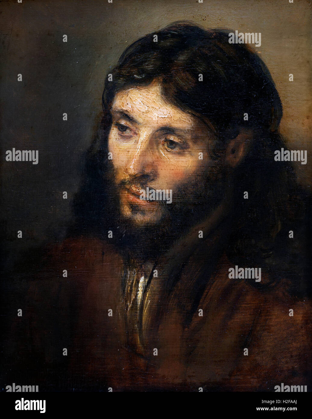 Jesus Christus, Malerei. "Der Kopf Christi" von Rembrandt, Öl auf Eiche Holz c.1648. Stockfoto