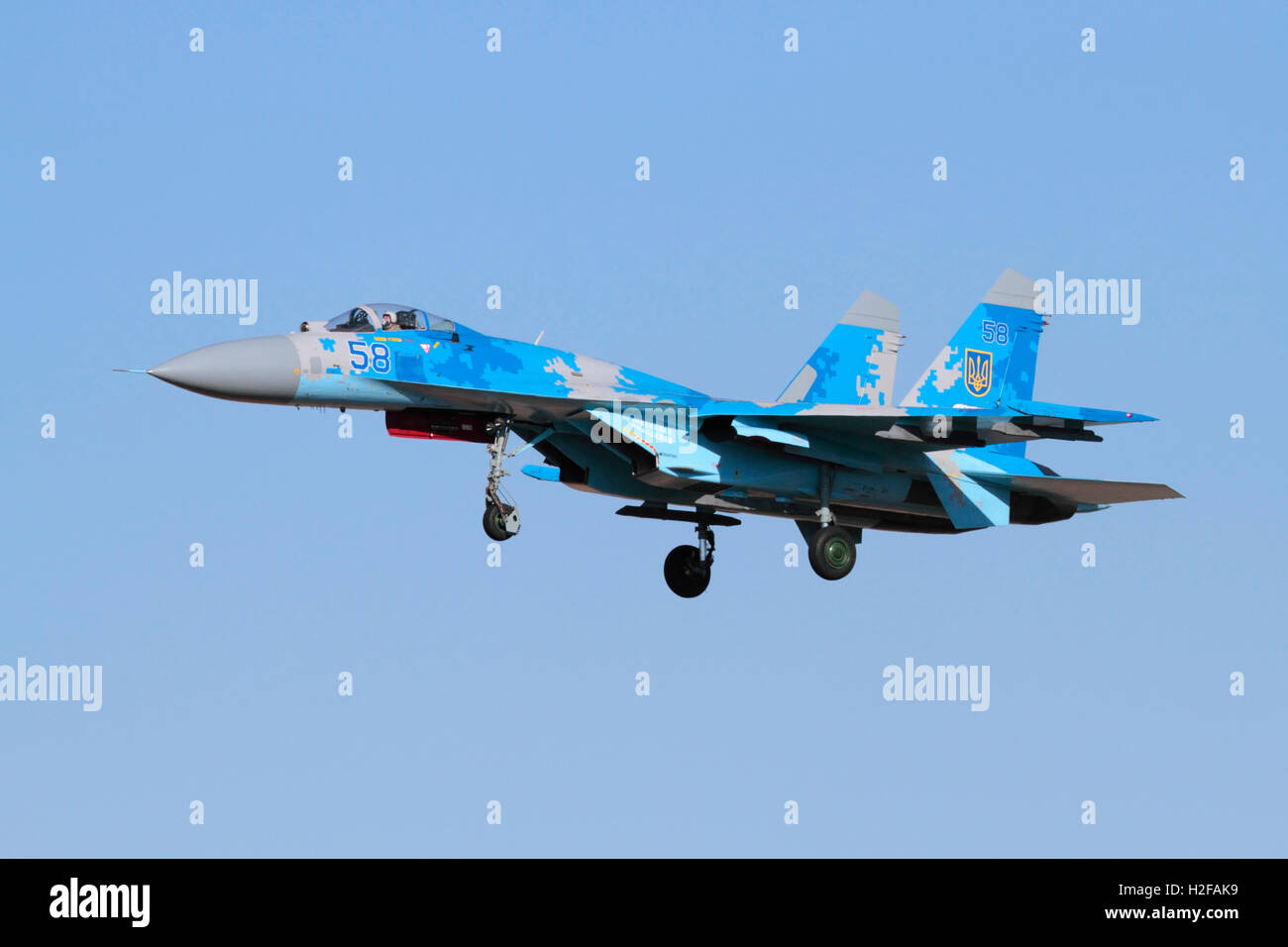 Sukhoi SU-27 Flanker Kampfjet Flugzeug der Ukraine Air Force. Militärische Luftfahrt. Stockfoto