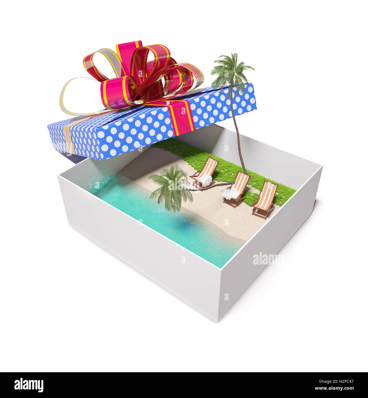 tropischer Strand in der Geschenkbox Stockfoto