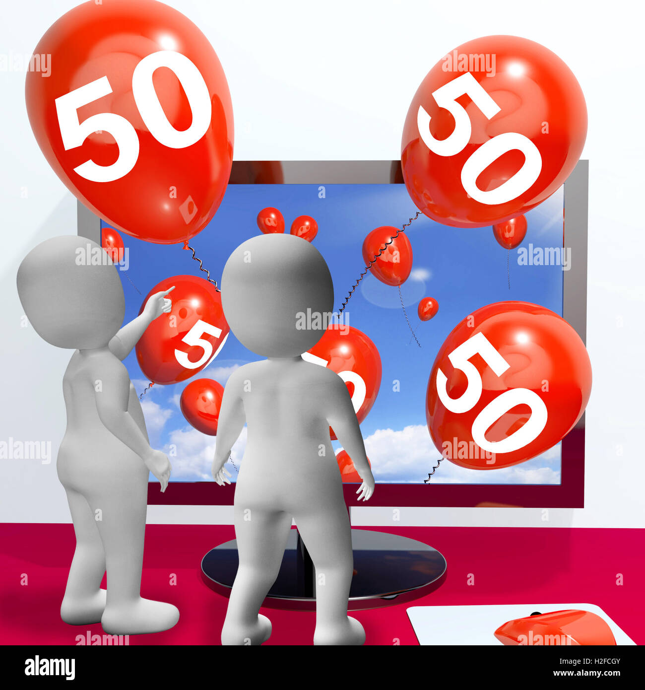 Anzahl 50 Luftballons vom Monitor Show Online-Einladung oder Celebr Stockfoto