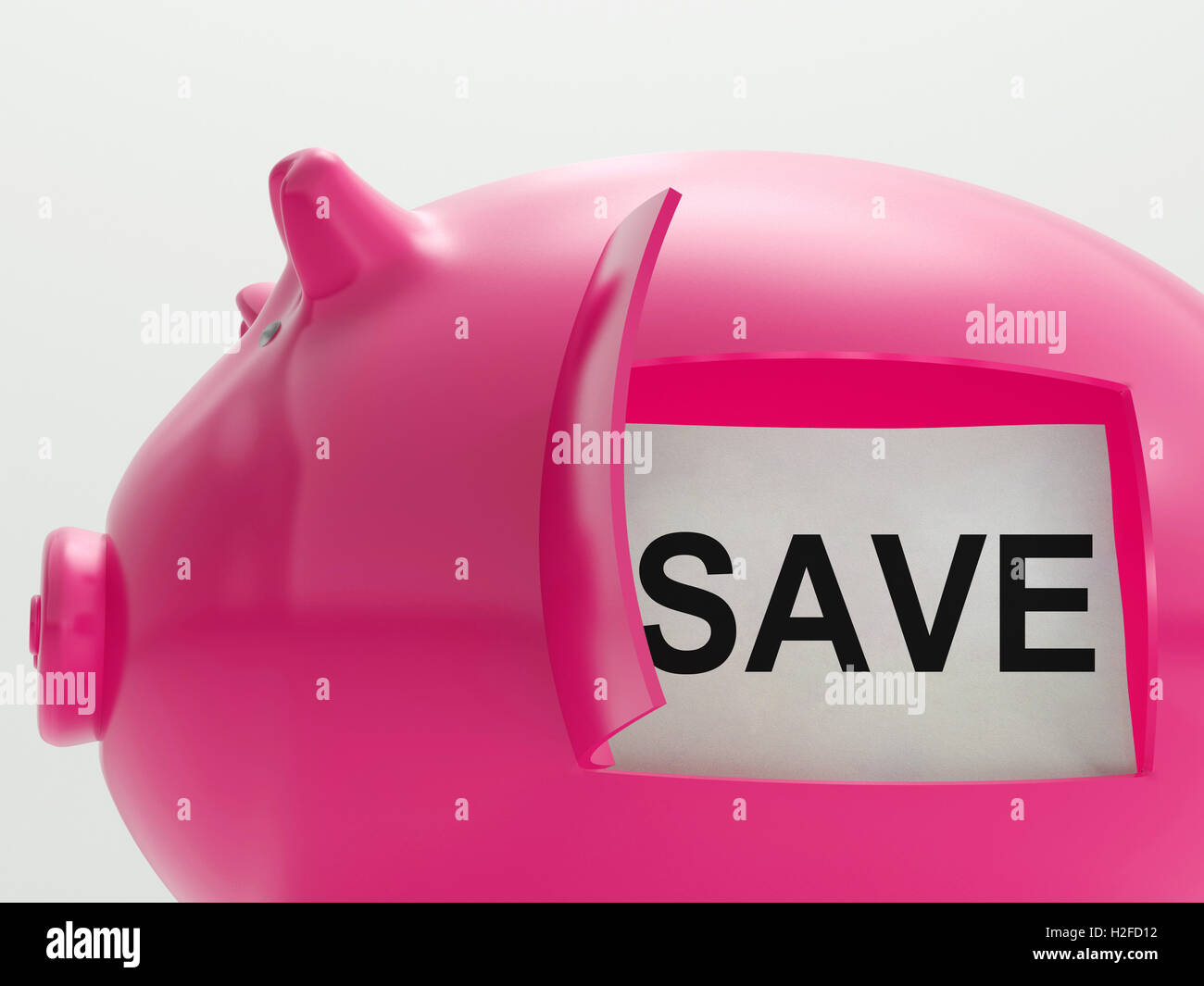 Speichern-Sparschwein zeigt Einsparungen auf Produkte Stockfoto