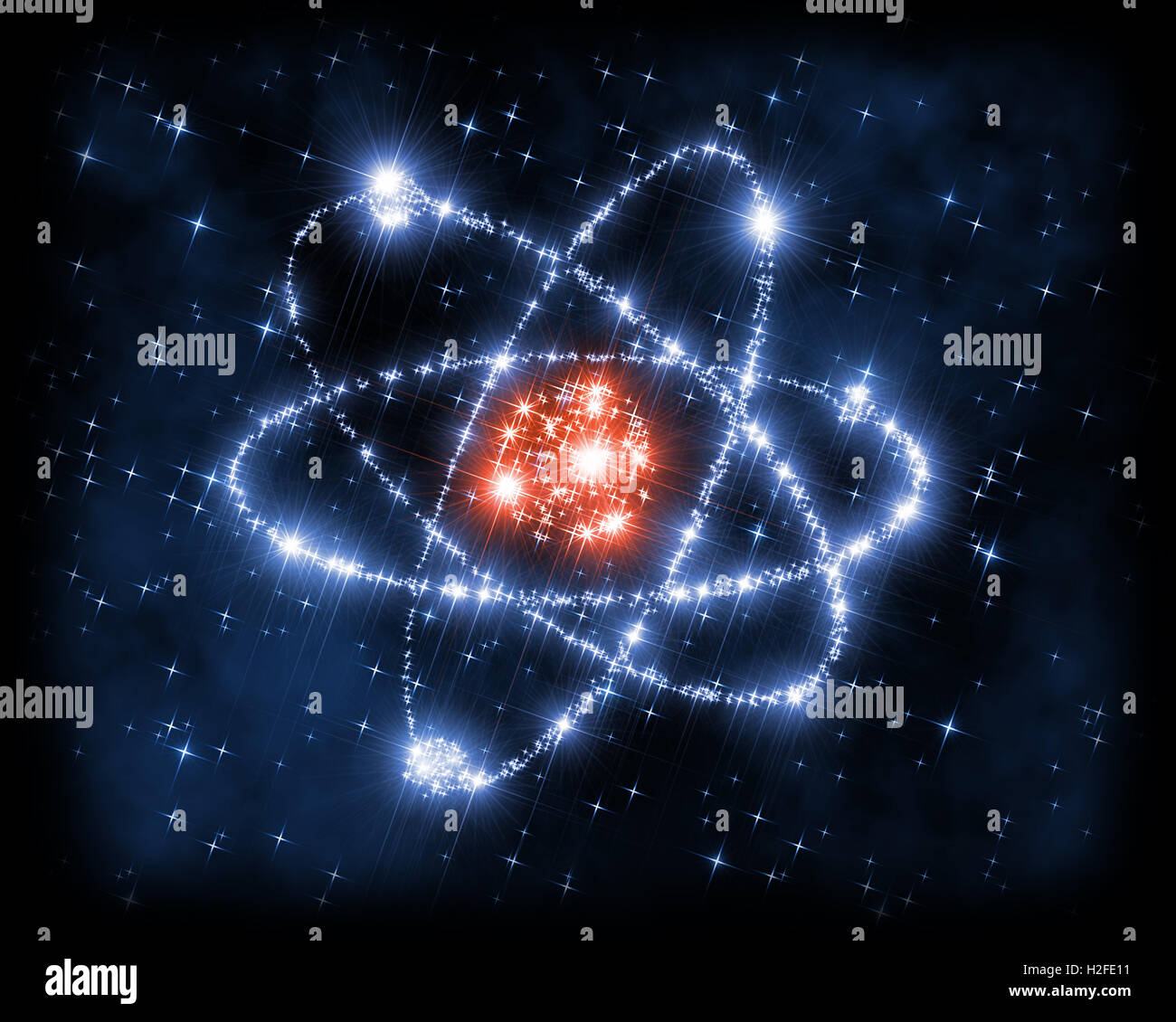 Abstrakten Hintergrund Illustration, darstellt die Zeichen des Atom-Modell mit Kern in der Mitte und Elektronen um dreht Stockfoto
