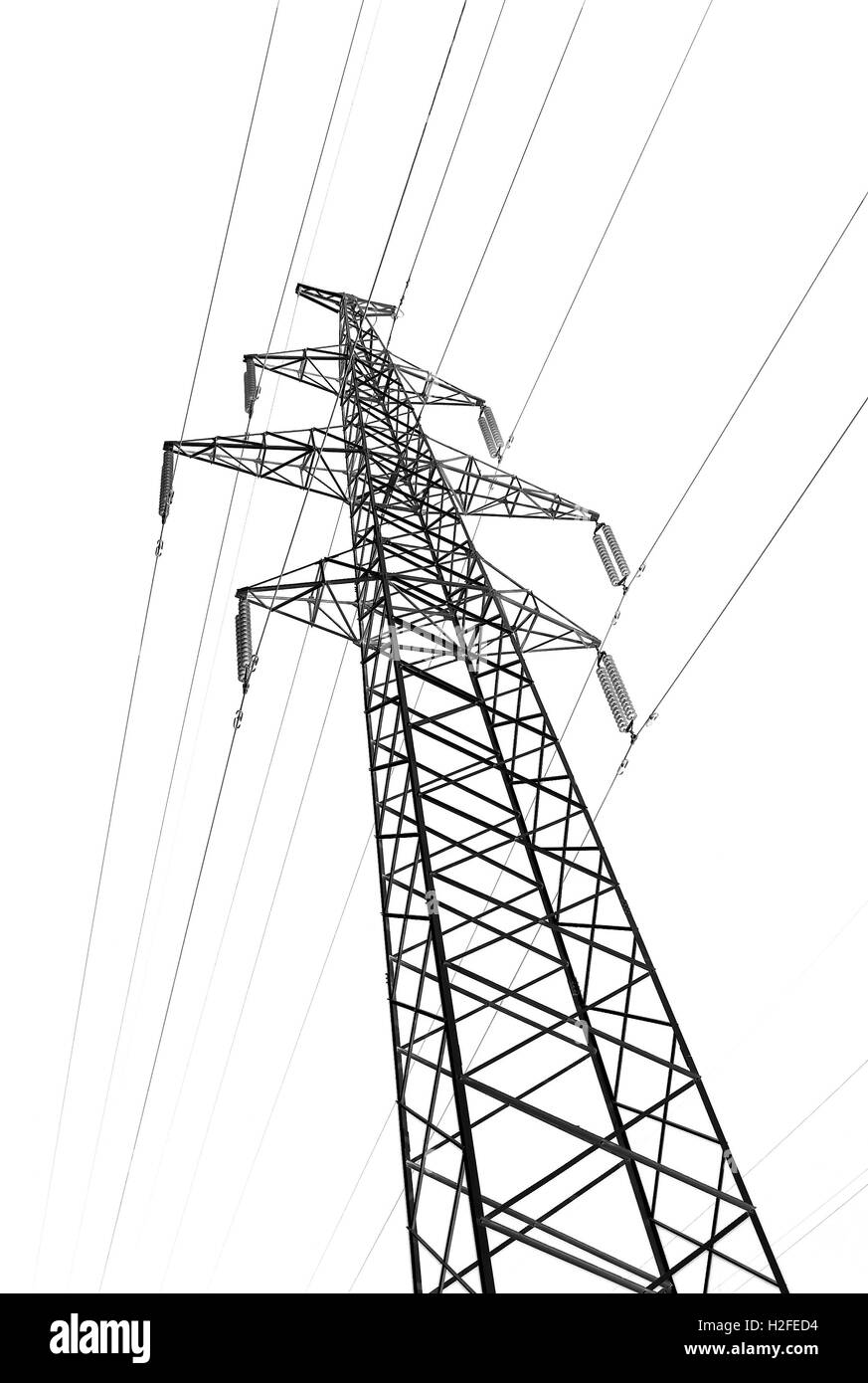 Energetisches Konzept für Industrie und Energie Übertragung: Silhouette des elektrischen Pylon (Turm) mit Leitungen (Drähte) isoliert weiß Stockfoto