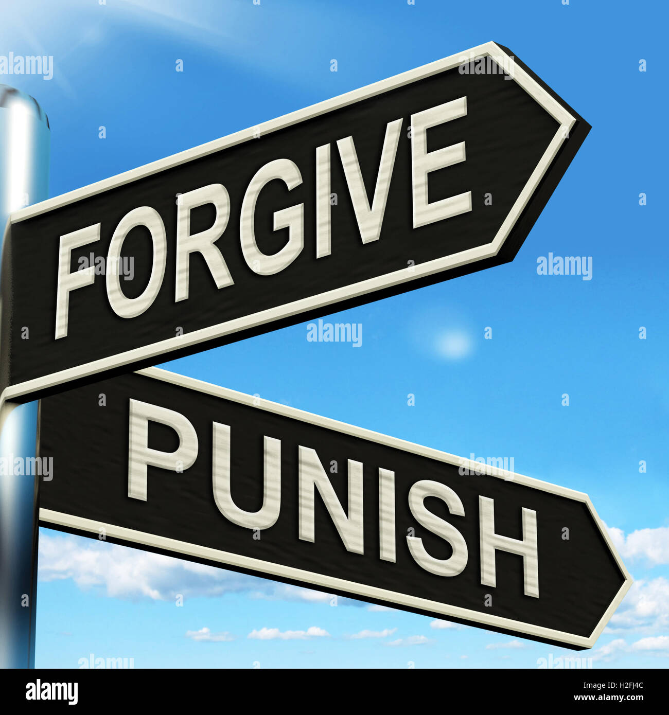 Verzeihen Sie bestrafen Wegweiser bedeutet Vergebung oder Strafe Stockfoto
