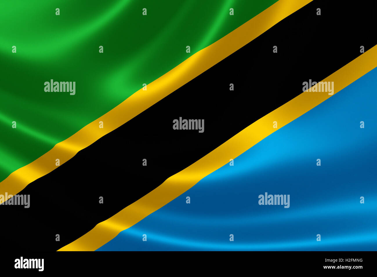 3D Darstellung der Flagge von Tansania auf seidige Textur. Stockfoto