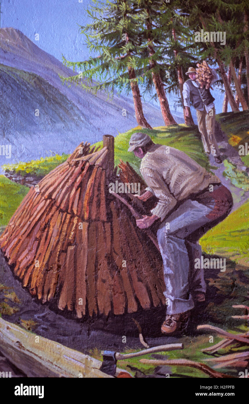 Wandbild 'Il carbone di legna - Anthrazit' von Alcide Pancot (Vittorio Veneto - 1948), Aprica, Lombardei, Italien Stockfoto