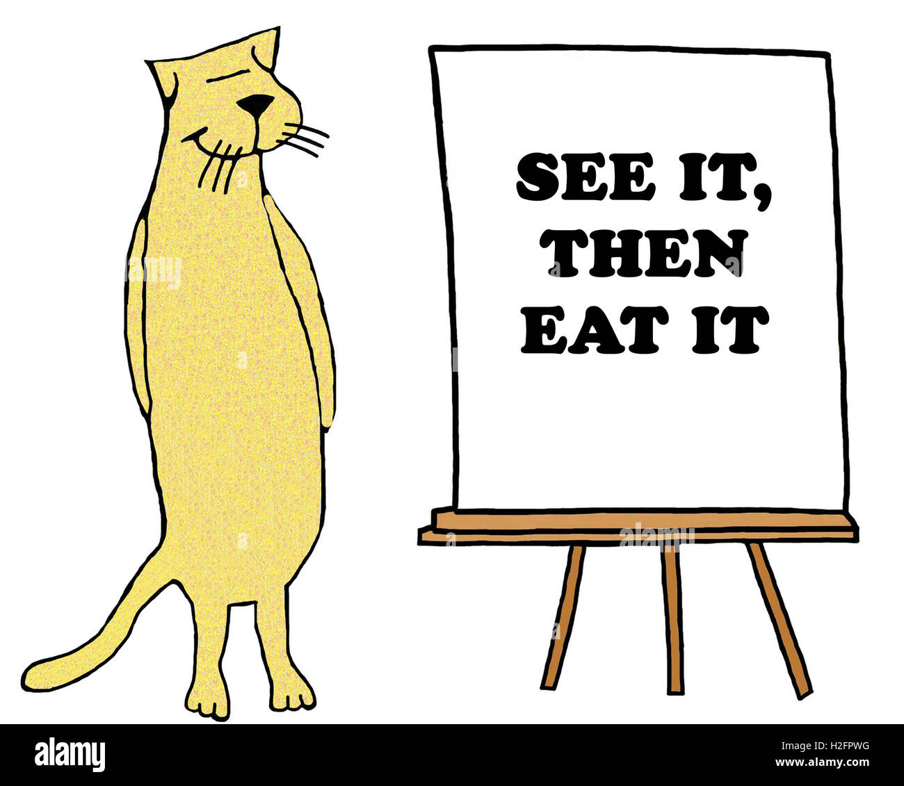 Eine gelbe Katze neben einem Flip-Chart, die liest "sehen, dann essen Sie es", Illustration. Stockfoto