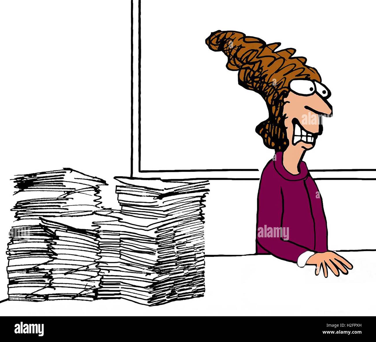 Business Illustration grimassierende Geschäftsfrau Abkehr von ihren Papierkram. Stockfoto