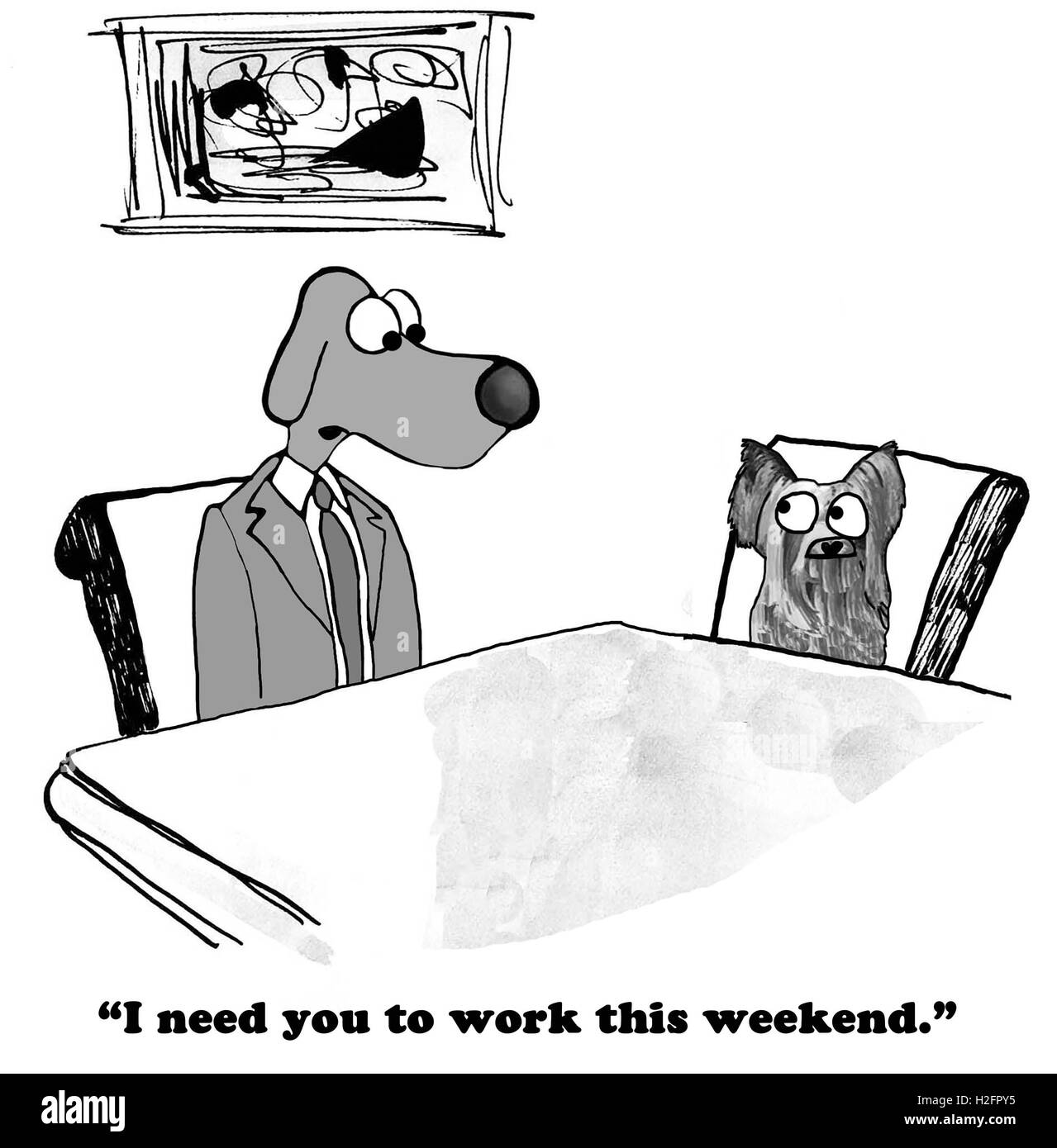 B&W Business Illustration der Hund Chef erzählen Mitarbeiter hat er am Wochenende zu arbeiten. Stockfoto