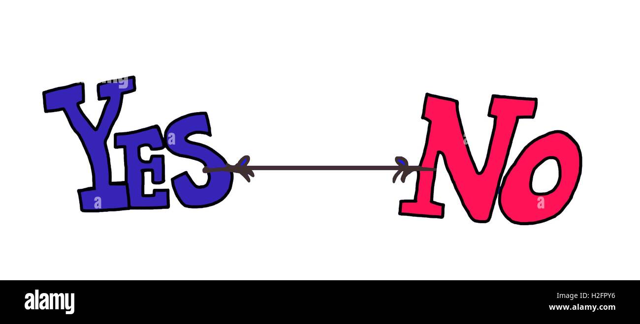 Farbe Abbildung von "Ja" und "Nein" zusammengebunden und in entgegengesetzte Richtungen ziehen. Stockfoto