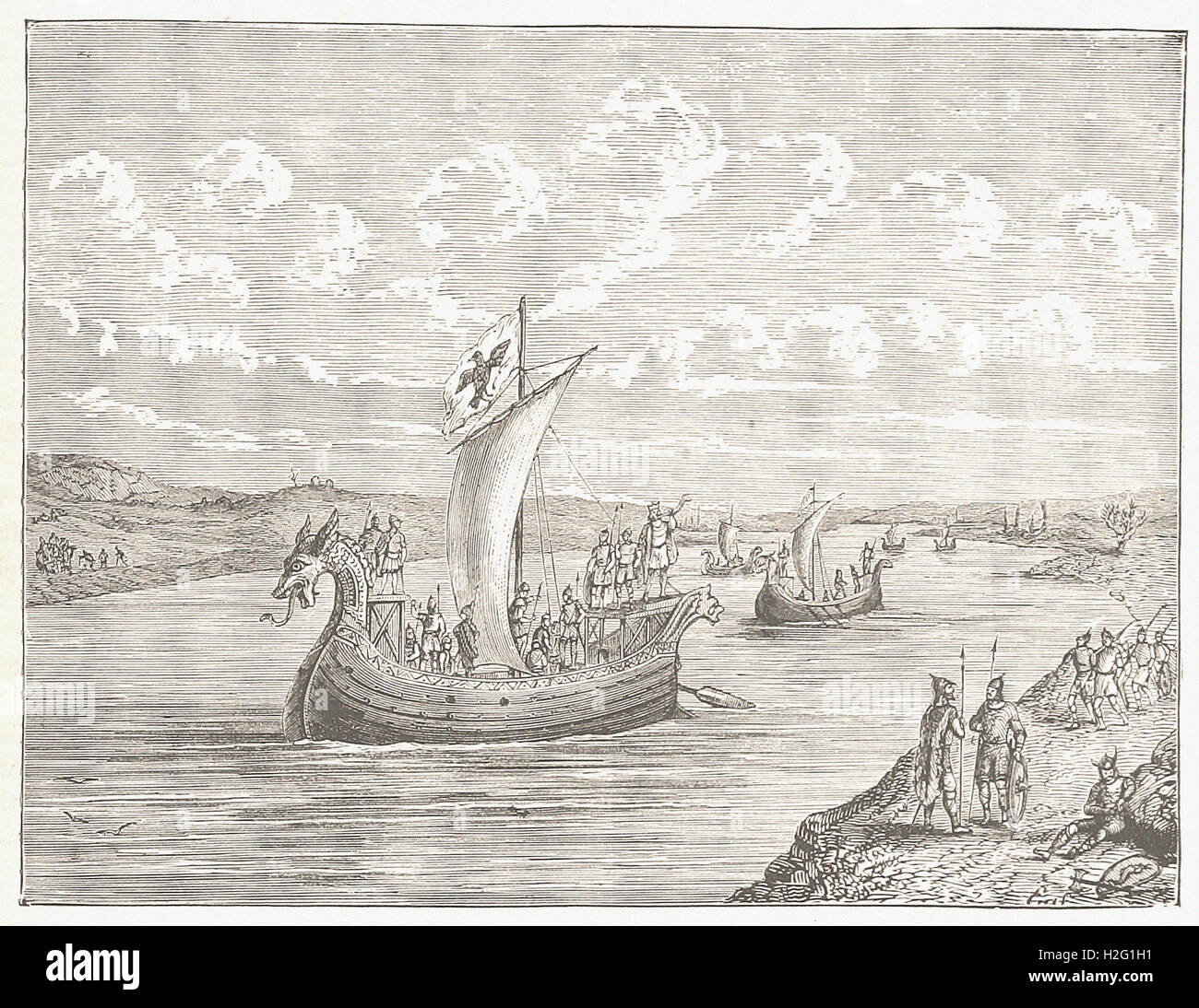 SKANDINAVISCHEN Schiffen aufsteigend einen Fluss - von "Illustrated Cassell es Universalgeschichte" - 1882 Stockfoto