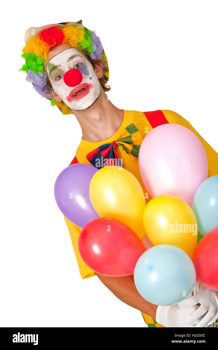 Bunte Clown mit Luftballons isoliert auf weißem Hintergrund ...