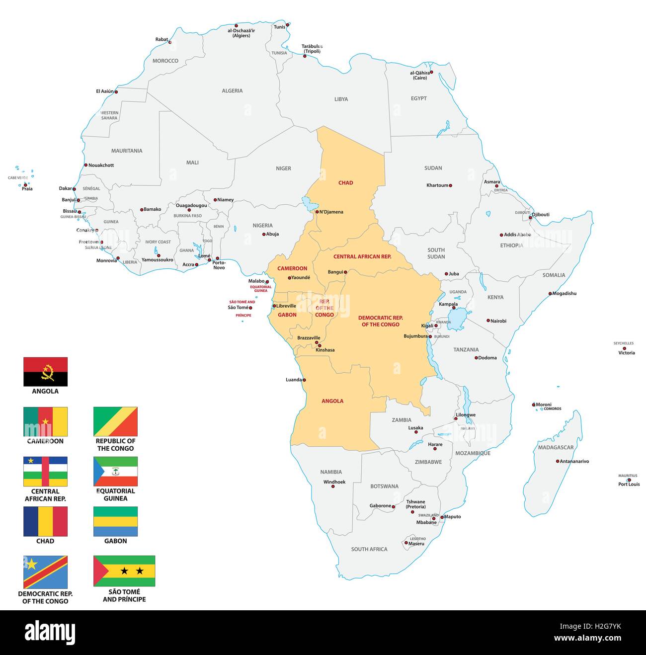 Zentral-Afrika Karte mit Flaggen Stock Vektor