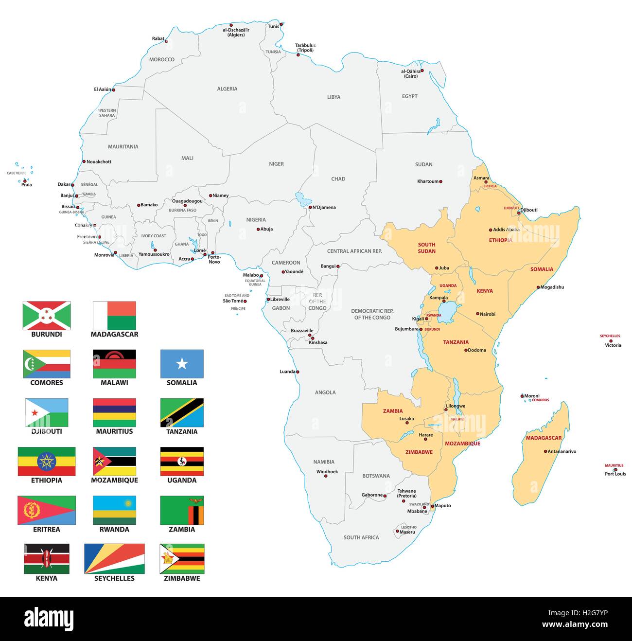 Ost-Afrika Karte mit Flaggen Stock Vektor
