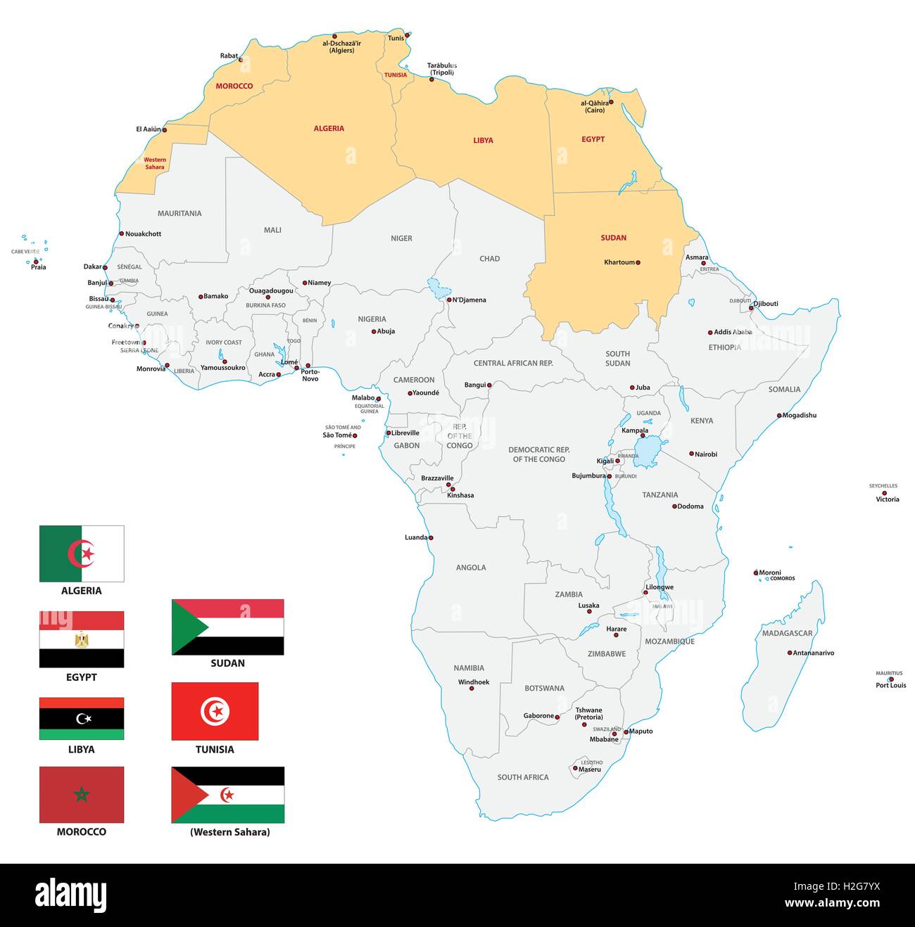 nördlichen Afrika Karte mit Flaggen Stock Vektor