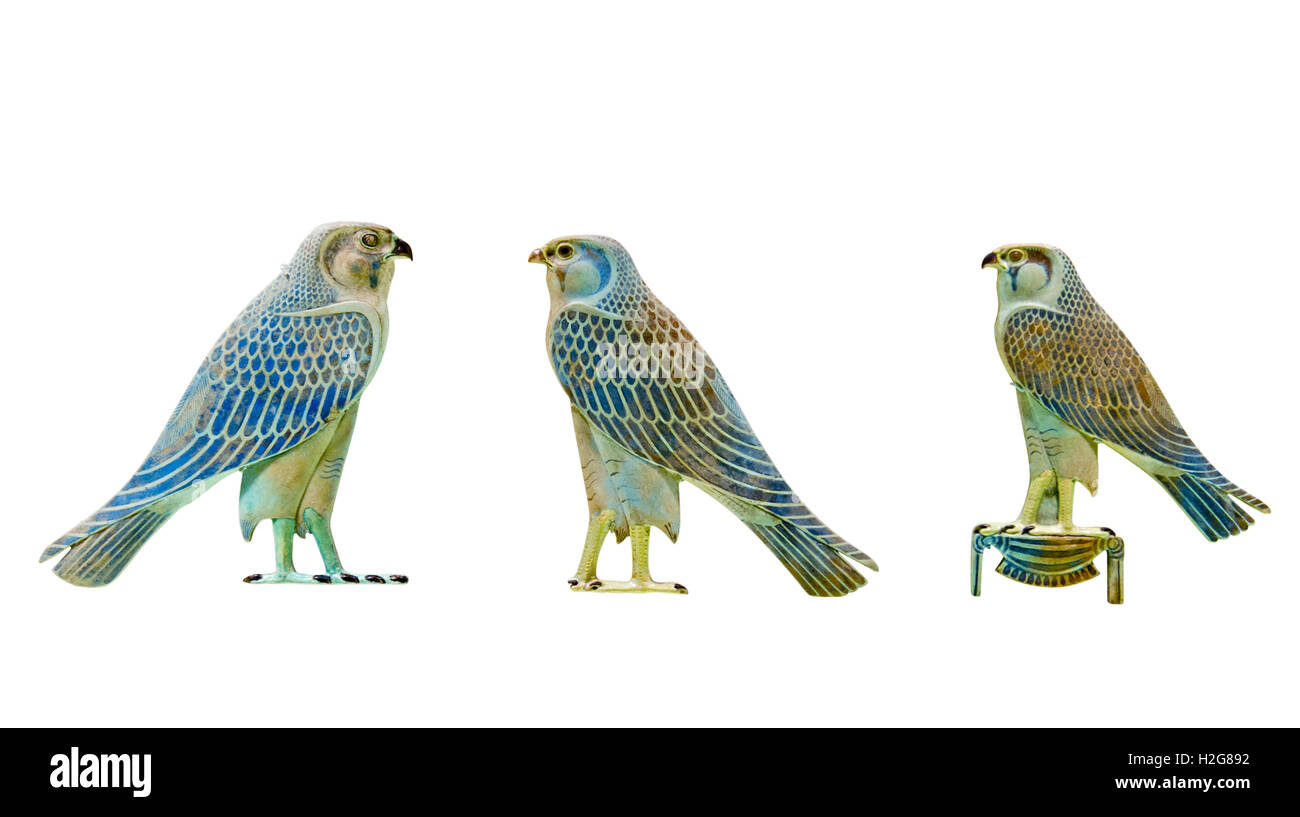 Einlagen in Form von Falken von Schreinen aus dem alten Ägypten aus dem ptolemäischen Reich in Ägypten in hellenistischer Zeit. Stockfoto