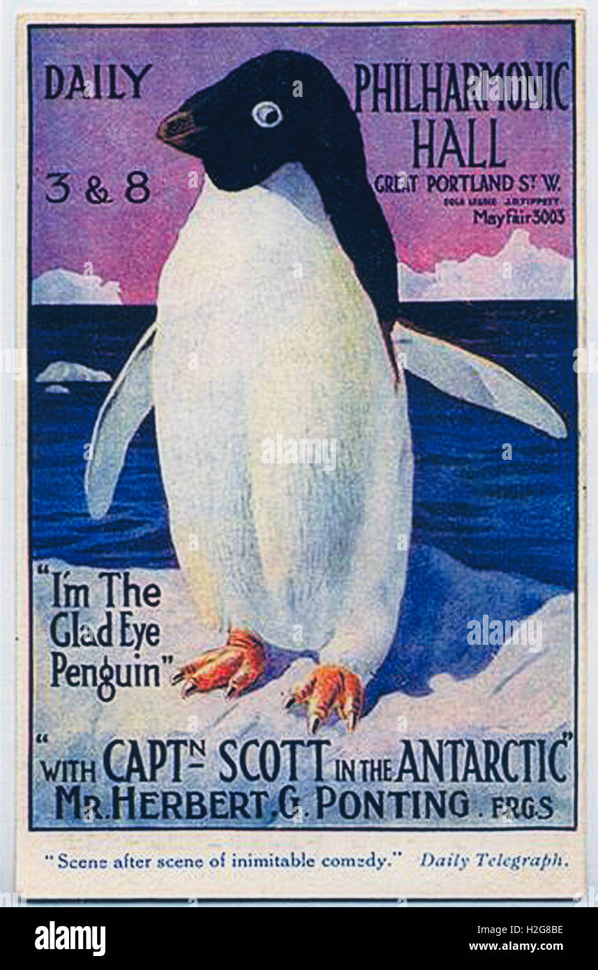 Marketing-Postkarte für die Serie von Vorträgen von Herbert Ponting über Captain Scott in die Antarktis im Jahr 1914, handsigniert von Herrn Stockfoto