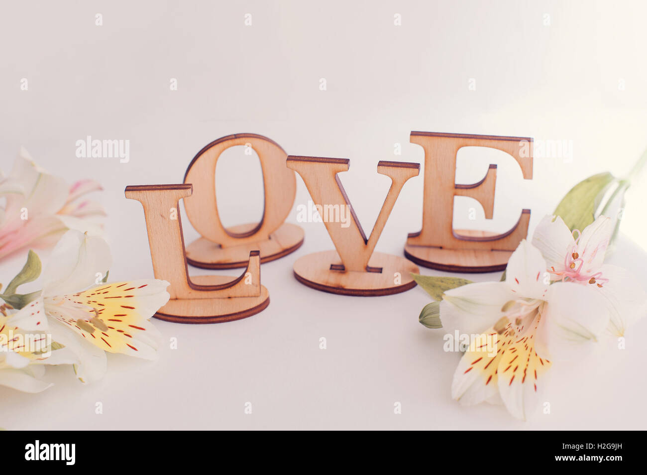 Dekorative Buchstaben, Wort Liebe mit Wildblumen auf hölzernen Hintergrund Stockfoto
