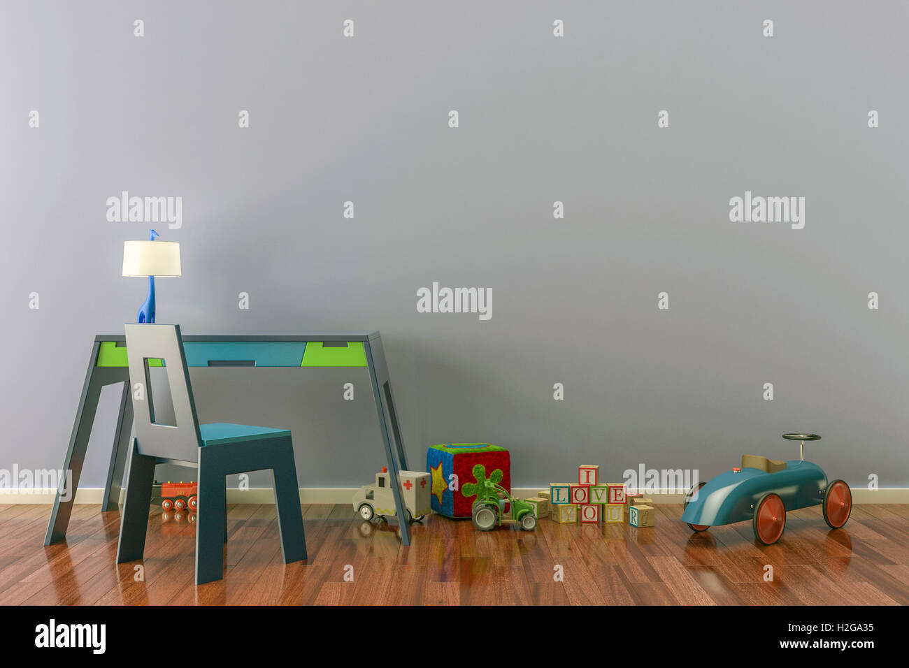 Leere Kinderzimmer mit Spielzeug, Schreibtisch und Stuhl. 3D illustration Stockfoto