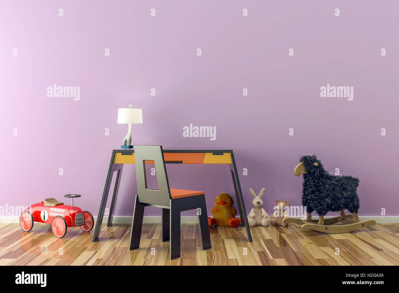 Leere Kinderzimmer mit Spielzeug, Schreibtisch und Stuhl. 3D illustration Stockfoto