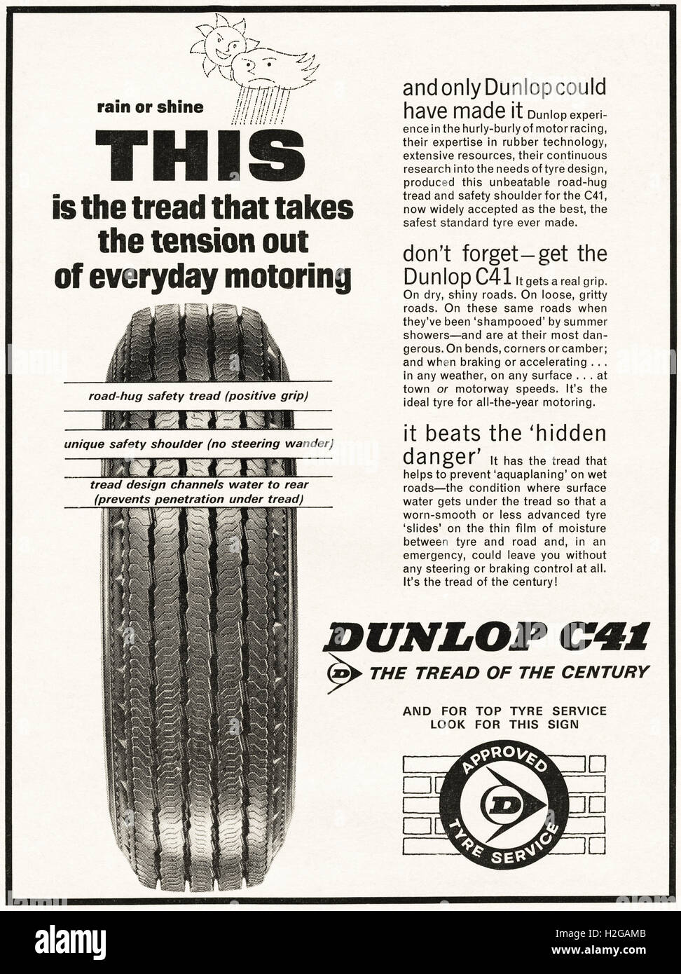 Original alte Vintage 1960er Jahre Magazin Anzeige datiert 1964. Werbung Werbung Pkw-Reifen von Dunlop C41 Stockfoto