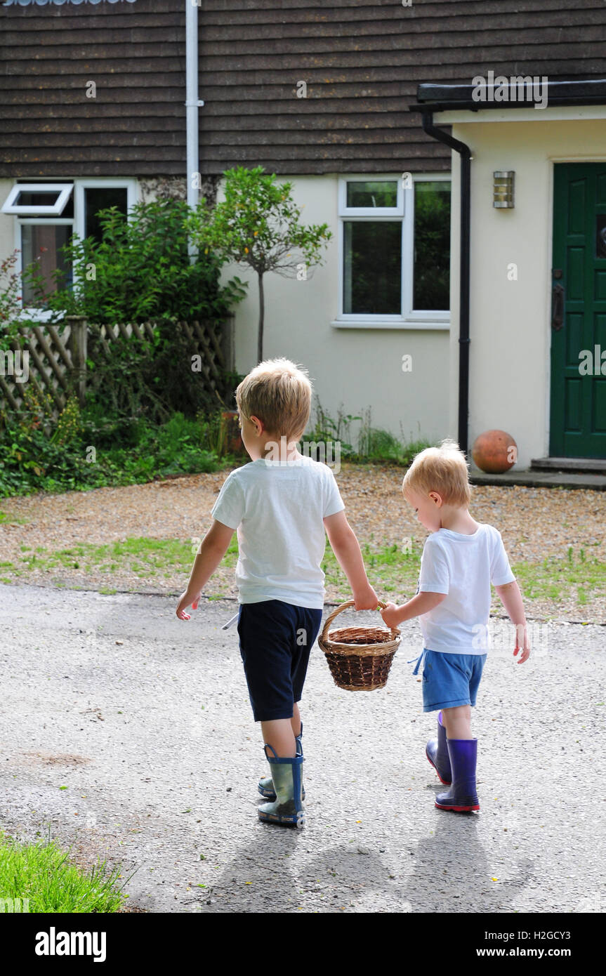 Zwei kleine Jungen im Alter von 2 und 5 Jahren sorgfältig mit Korb mit Eiern in. Stockfoto
