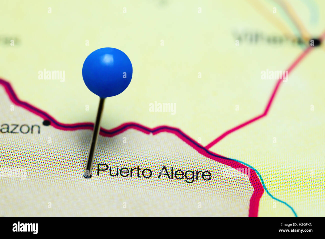 Puerto Alegre fixiert auf einer Karte von Bolivien Stockfoto