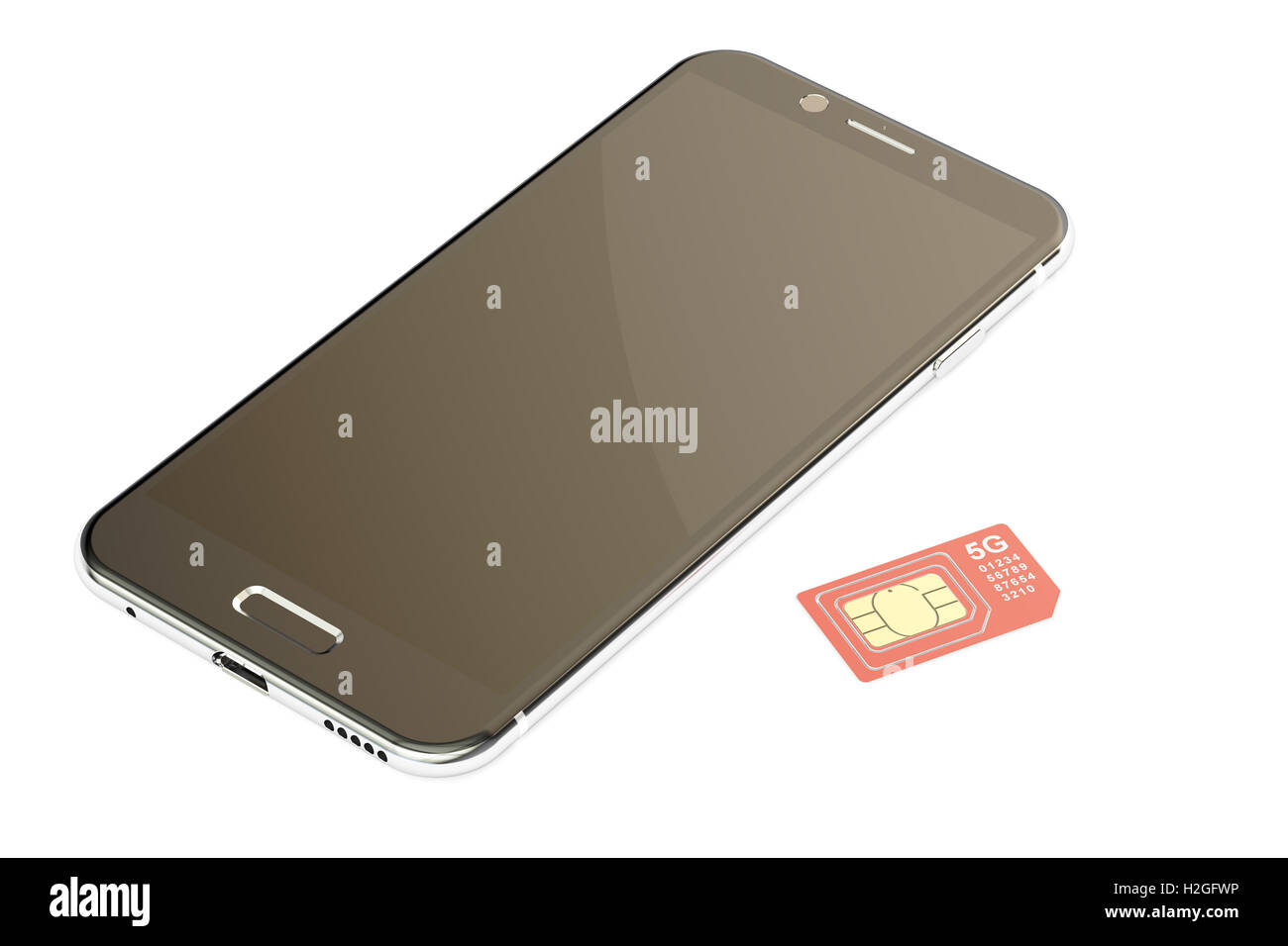 Smartphone und 5G Sim Karte Mini, Mikro, Nano. 3D-Rendering isoliert auf weißem Hintergrund Stockfoto