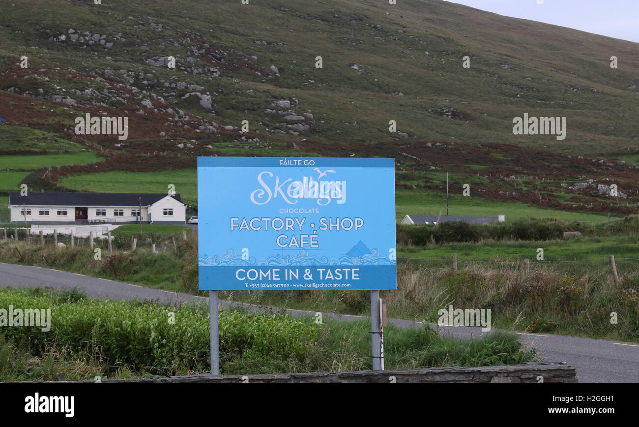 Schild an der Skellig Schokoladenfabrik, Glen, Ballinskelligs, County Kerry. Stockfoto