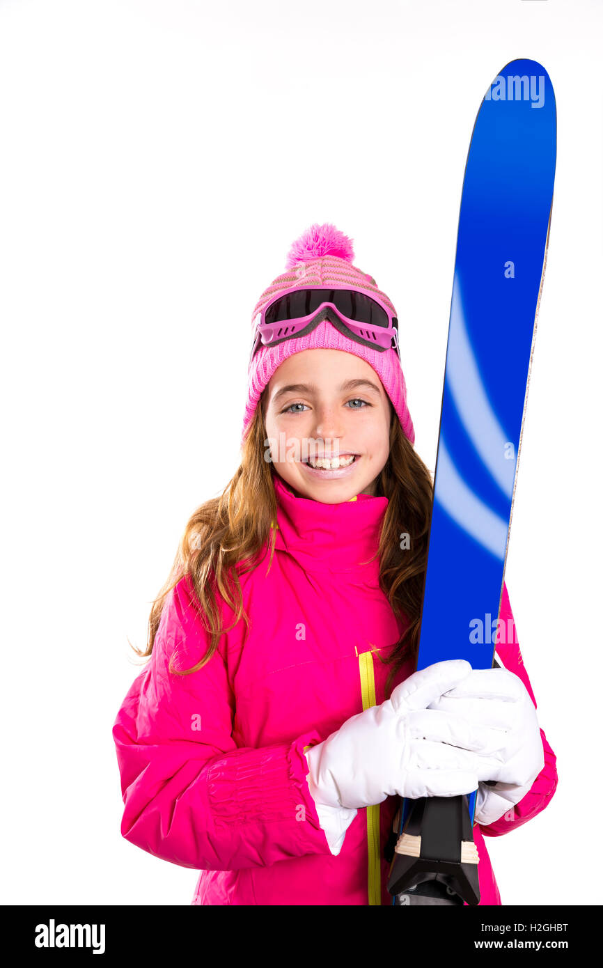 Kind Mädchen Ski Ausrüstung Schneebrille mit Wintermütze Stockfoto