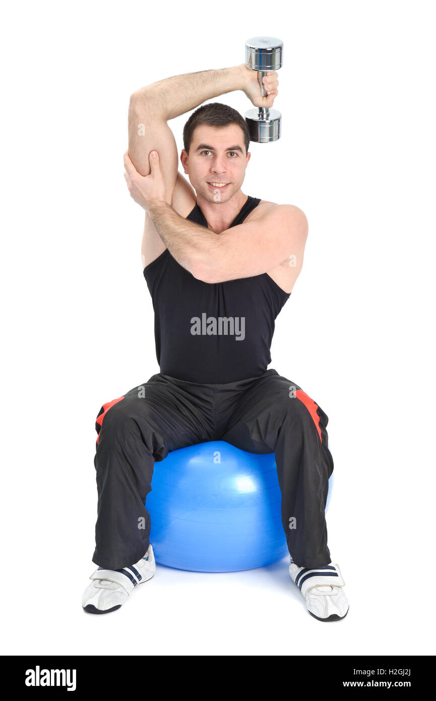 Sitzende Hantel ein Arm Trizeps Extensions Fitnes Ball, phase Stockfoto