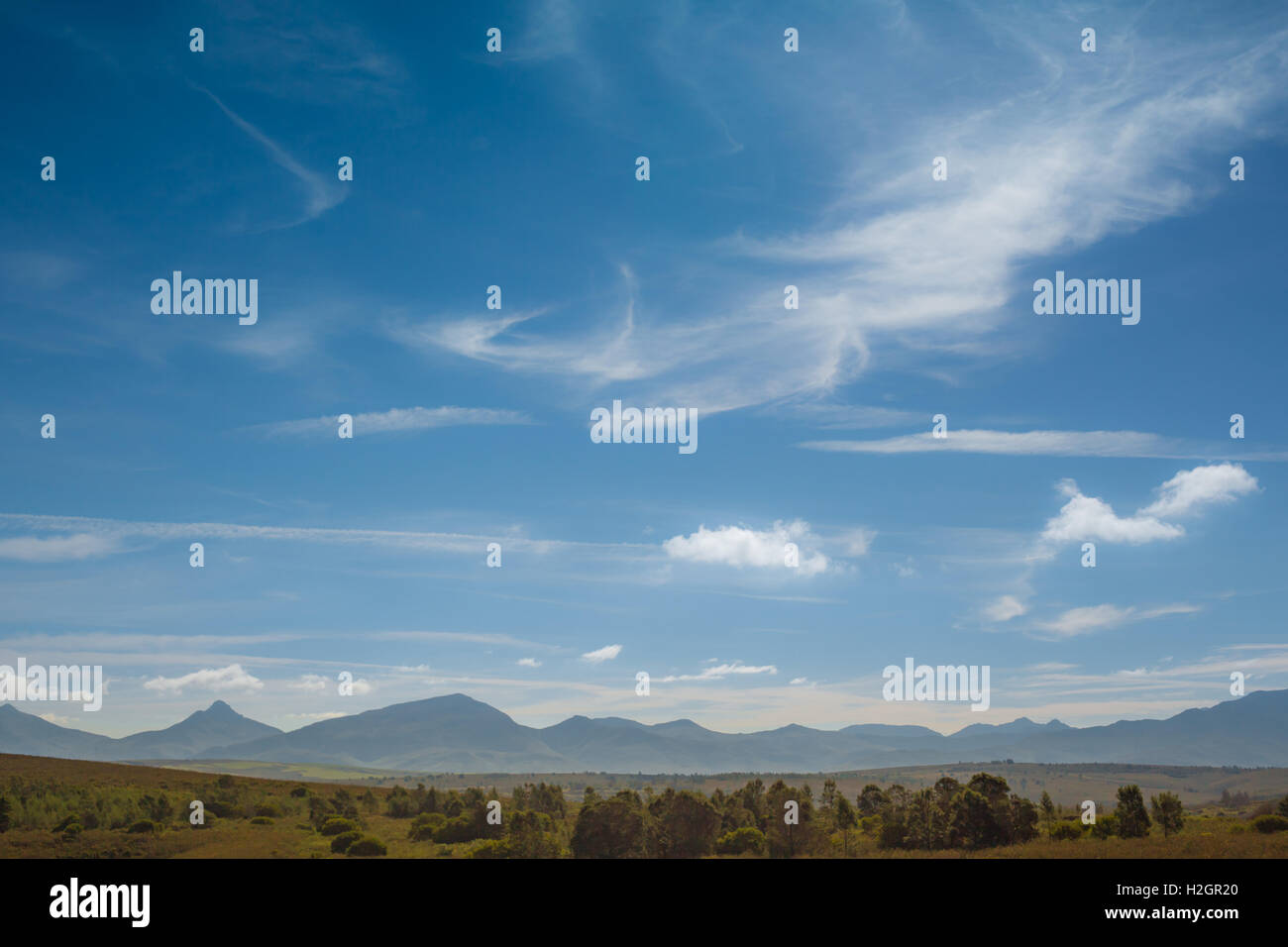 Wolkenfetzen über einen entfernten afrikanischen Bergkette mit einer Kupplung von Bäumen Stockfoto