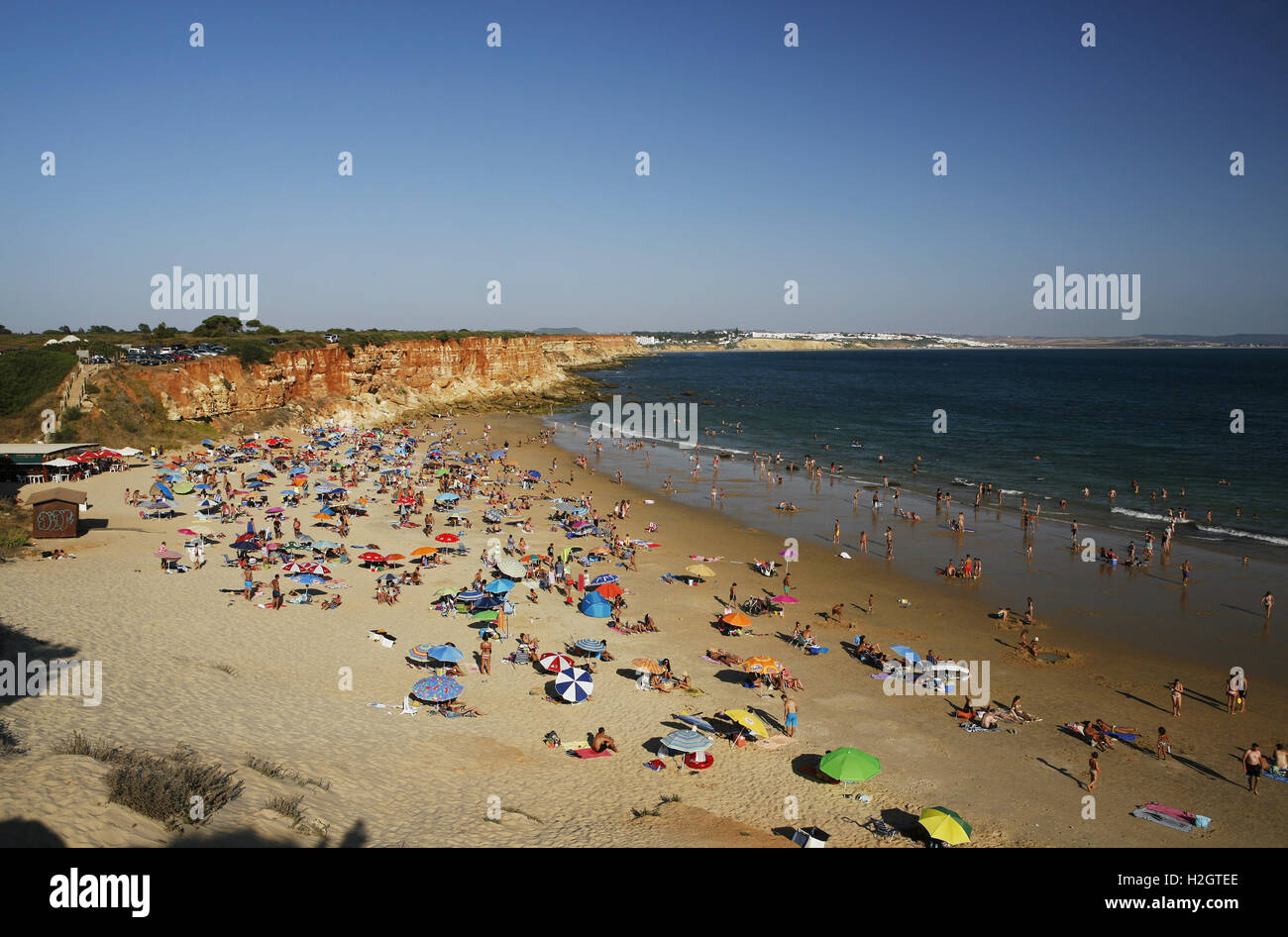 Sandstrand, Bucht, Cala Del Aceite, Fuente del Gallo, Atlantikküste, Andalucía, Spanien Stockfoto