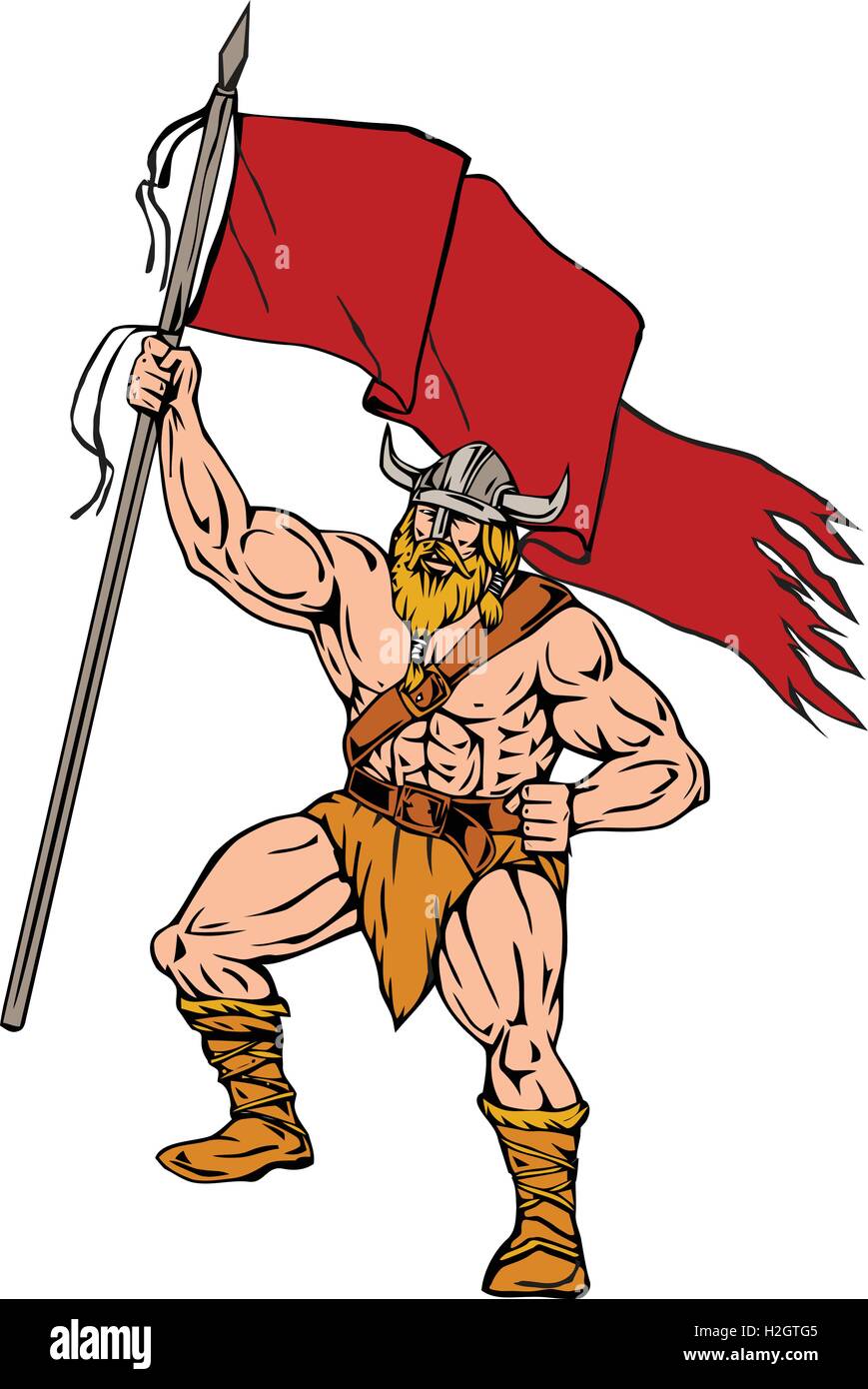Abbildung von einem Norseman Viking Warrior Raider Barbar gehörnter Helm mit Bart hält schwingt rote Fahne angezeigt Stock Vektor