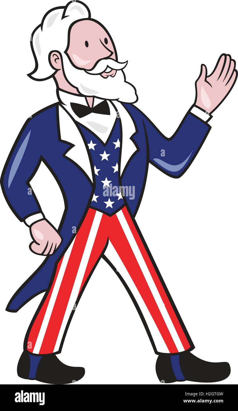 Abbildung von Uncle Sam tragen amerikanische Sternenbanner passen stehend winkenden Hand Blick auf die Seite von vorne am isolierten weißen Hintergrund getan im Cartoon-Stil angezeigt. Stock Vektor