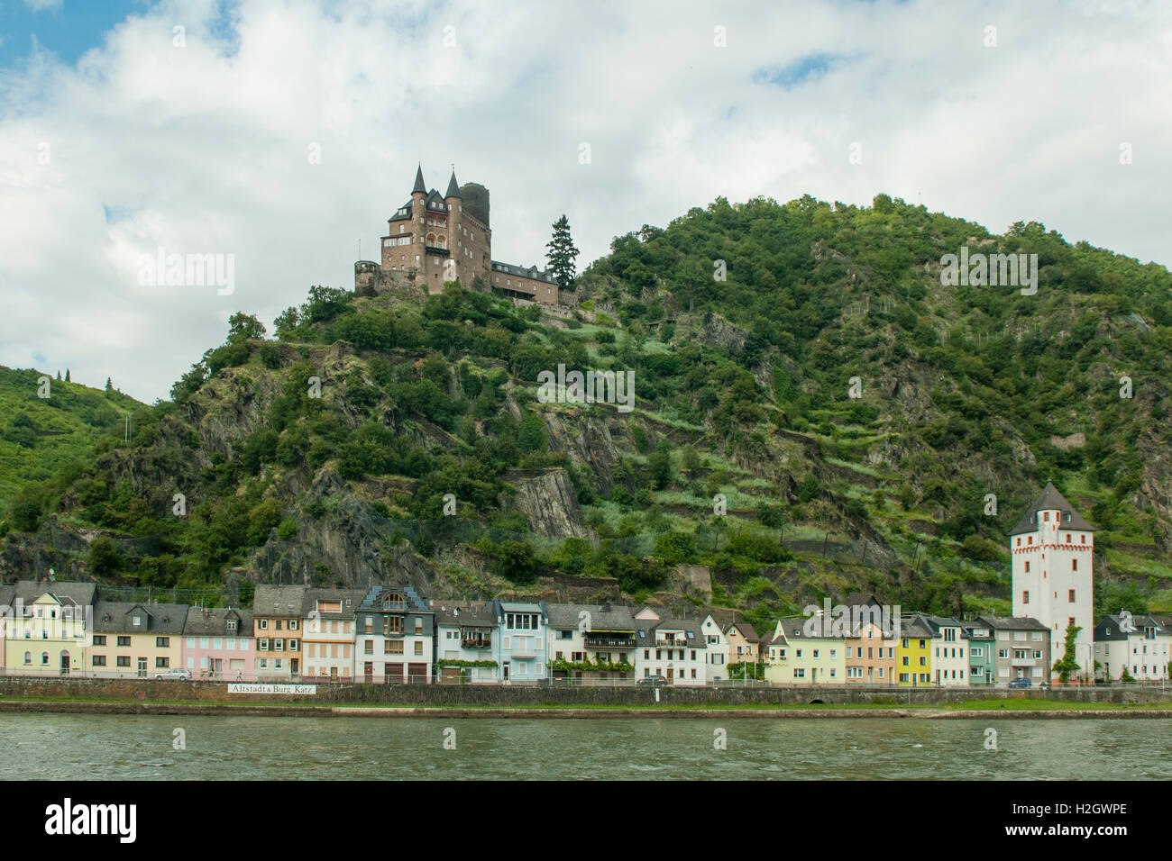 Burg Katz und St. Goarshausen am Rhein, Deutschland Stockfoto