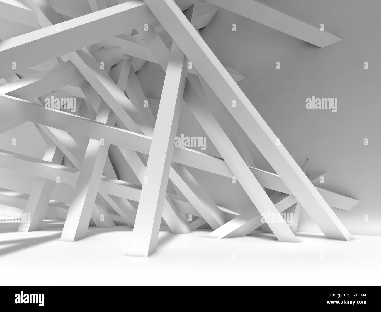 Abstrakte weißen Innenraum Hintergrund. Chaotisch strahlt Installation im leeren Raum. 3D Illustration, Computergrafik Stockfoto