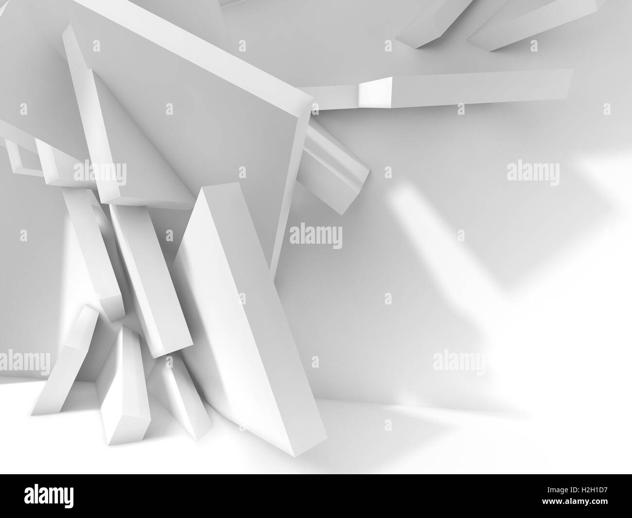 Abstrakte weißen Innenraum Hintergrund. Chaotisch quadratischen Blöcken Installation in der Nähe von Wand des leeren Raum. 3D Illustration, Computer gr Stockfoto