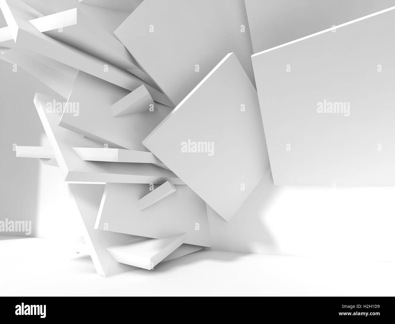 Abstrakte weißen Innenraum Hintergrund, Installation von chaotisch quadratische Blöcke in der Nähe von Wand der leeren Raum. 3D Illustration, computer Stockfoto