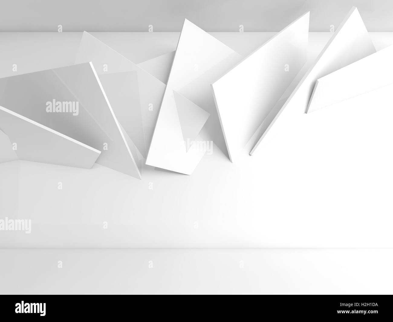 Abstrakte weißen Innenraum Hintergrund, Installation von quadratischen Blöcken an Wand des leeren Raum. 3D Illustration, Computergrafik Stockfoto