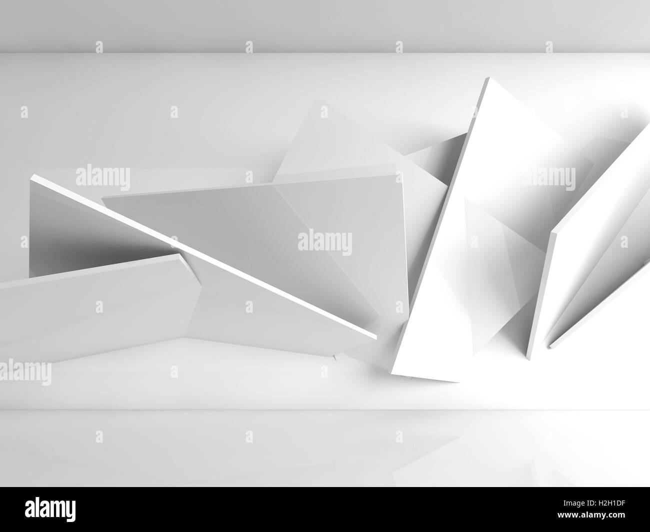 Abstrakte weißen Innenraum Hintergrund, Installation von quadratischen Blöcken an Wand des leeren Raum. 3D Illustration, Computergrafik Stockfoto