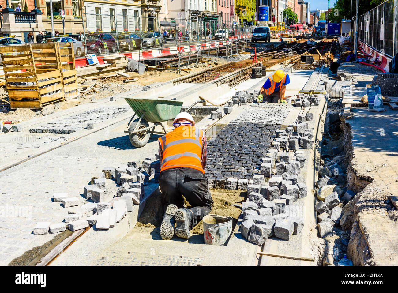 Arbeiten Sie an der Erweiterung mit dem Straßenbahnnetz LUAS in Dublin Irland Stockfoto