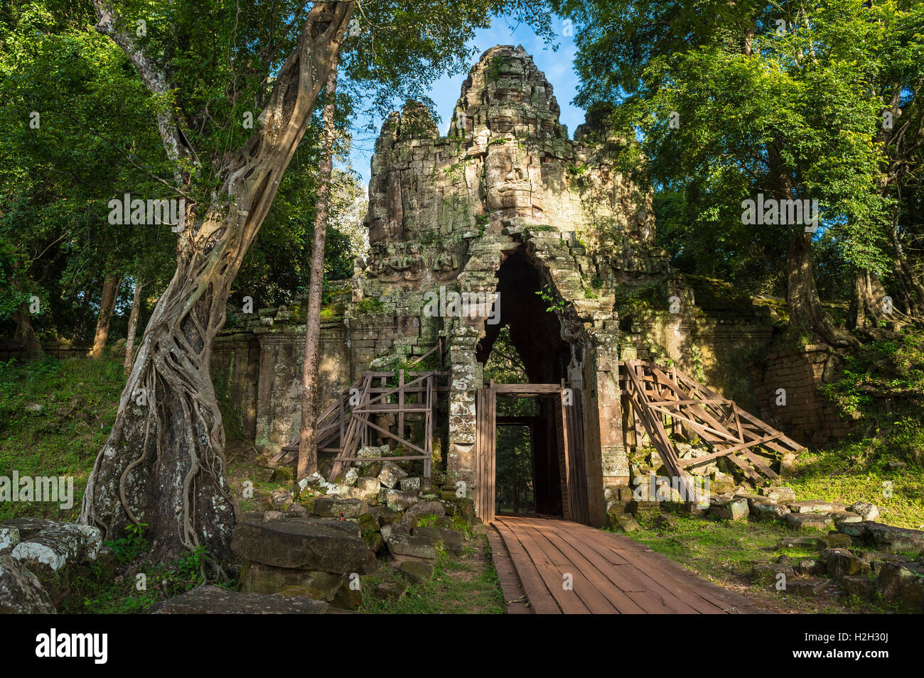 Malerische gefleckten Dschungel Blick auf Angkor Thom Westtor bei der Angkor-Tempel-Komplex in der Nähe von Siem Reap Kambodscha Stockfoto