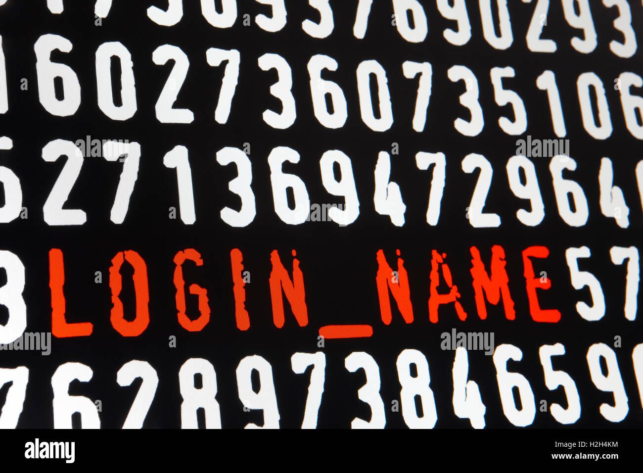 Computer-Bildschirm mit Login Namenstext auf schwarzem Hintergrund. Horizontale Stockfoto