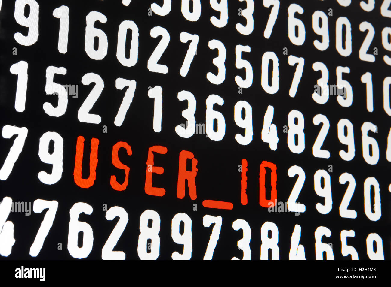 Computer-Bildschirm mit Benutzer-Id Text auf schwarzem Hintergrund. Horizontale Stockfoto
