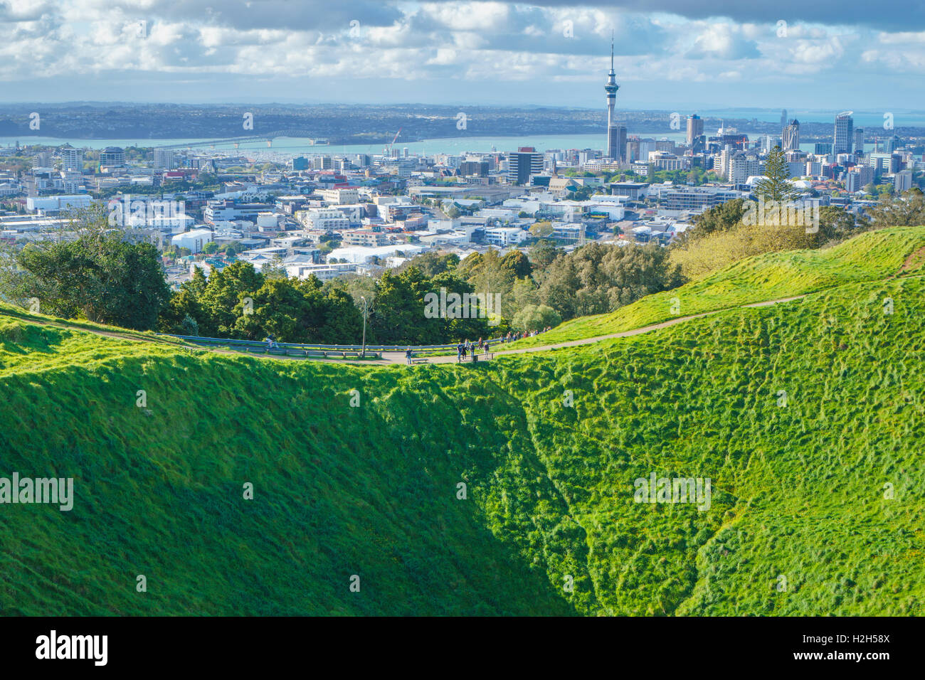 Blick auf Auckland Stadt bilden die Spitze des Mount Eden mit Riesengras Grube als Vordergrund Stockfoto
