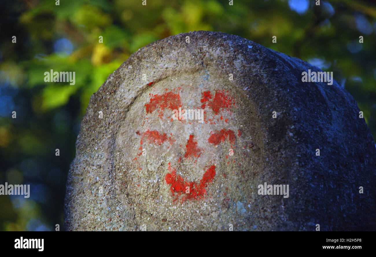 Happy smily Gesicht Street Art in einem Herbst Park Stockfoto