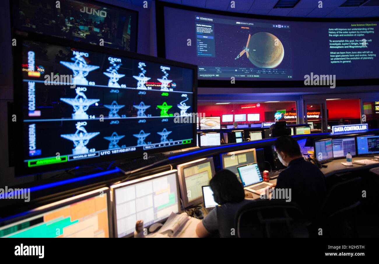 NASA-Wissenschaftler verfolgen die Raumsonde Juno von Mission Control Room am Jet Propulsion Laboratory 4. Juli 2016 in Pasadena, Kalifornien. Juno in 2011 gestartet und beginnt jetzt seine 20-monatigen Umlaufbahn um Jupiter. Stockfoto