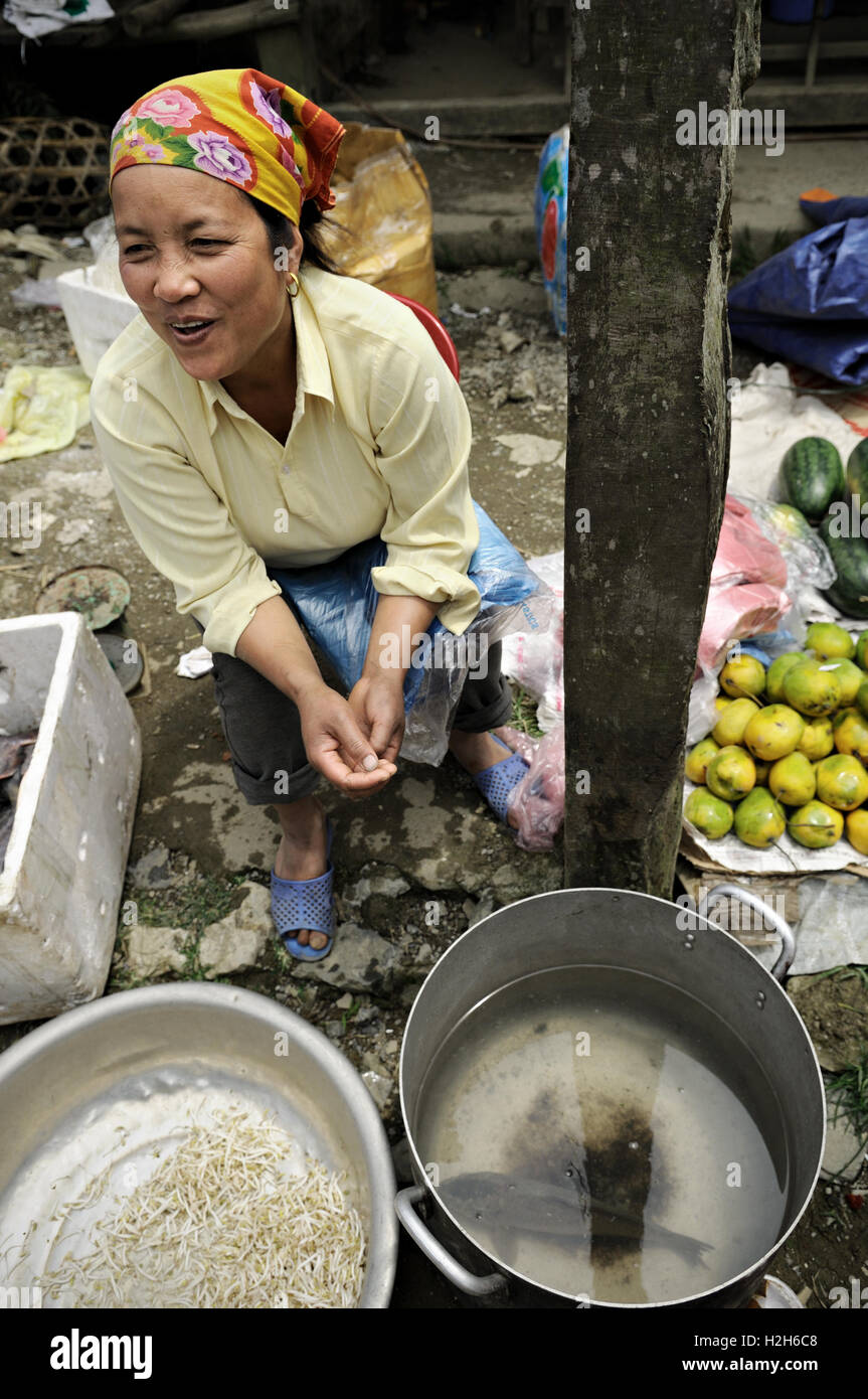Verkäuferin lachend auf dem Quyet Tien-Markt in Ha Giang Provinz, Nord-Vietnam Stockfoto