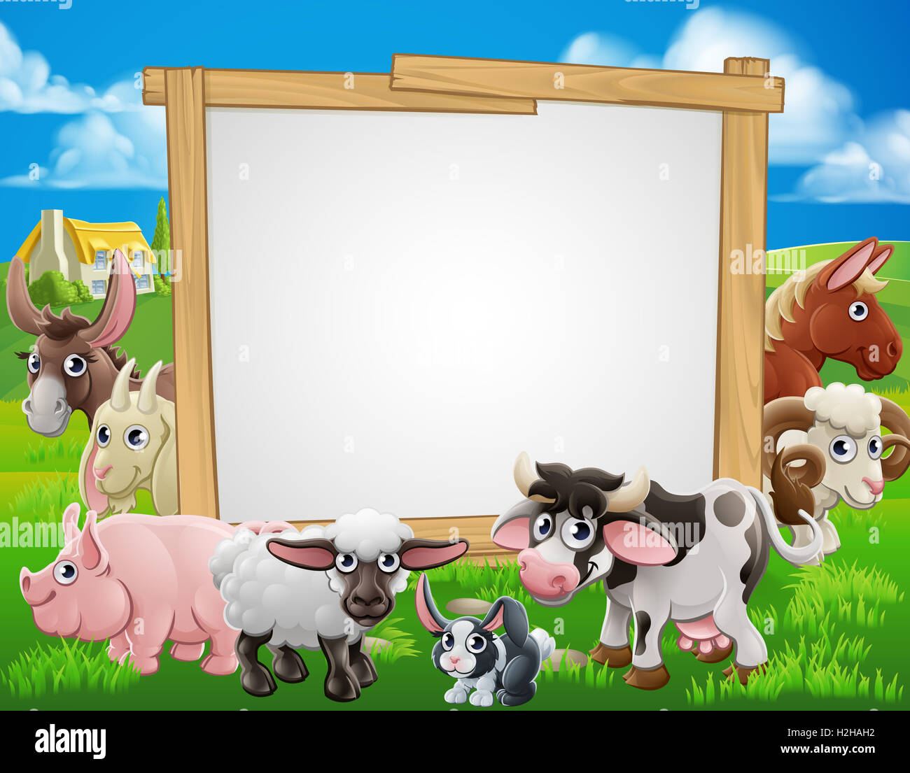 Bauernhof-Cartoon-Zeichen mit niedlichen Tieren um ein Schild Stockfoto